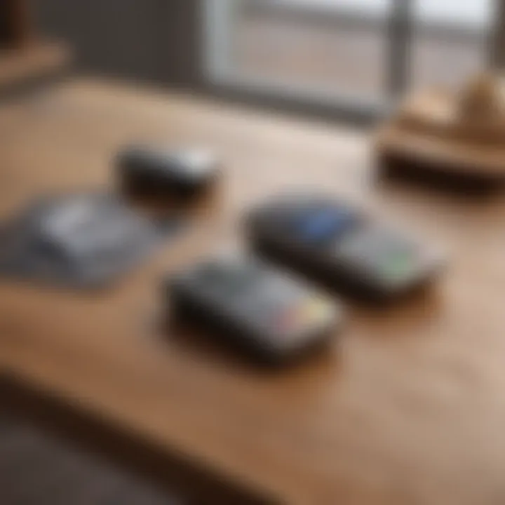 A sleek, modern credit card reader on a wooden table with a phone