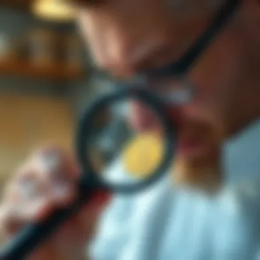 A professional examining a rare coin with a magnifying glass