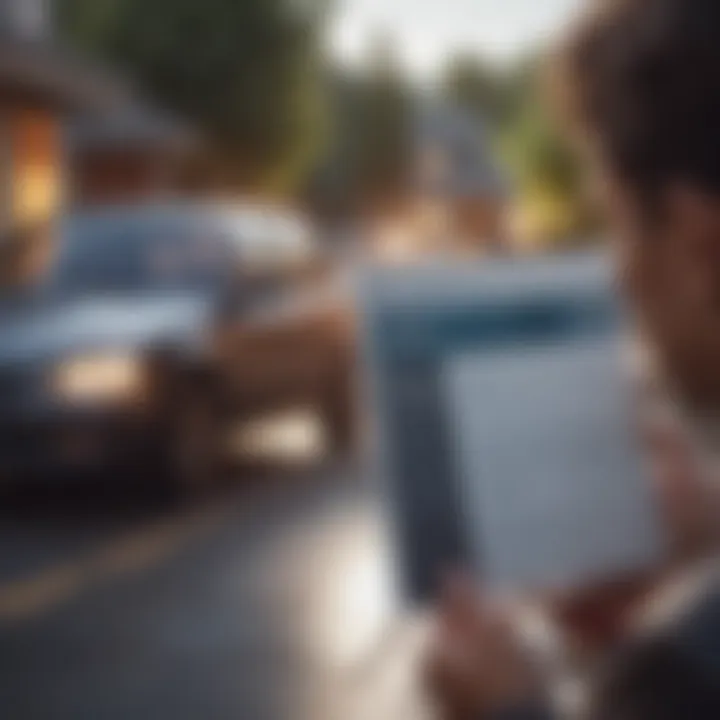 Person reviewing credit report with vehicle in background