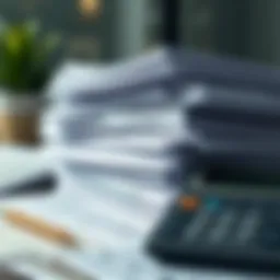 Visual representation of tax forms stacked with a calculator