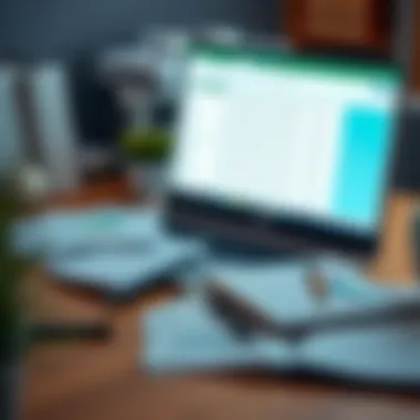 An organized workspace featuring Excel on a laptop with notes and guides