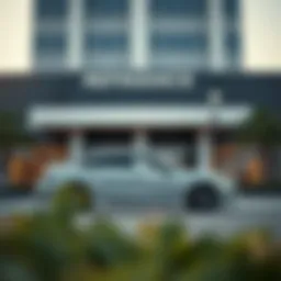 A serene car parked in front of a modern financial building symbolizing refinancing