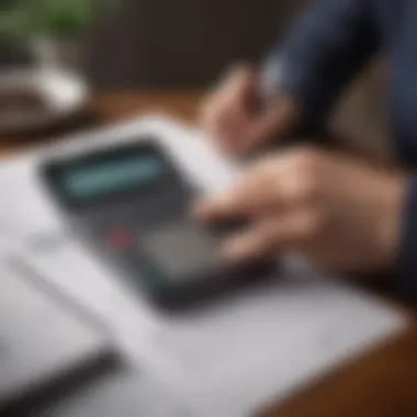 A person analyzing their credit score with a calculator and documents