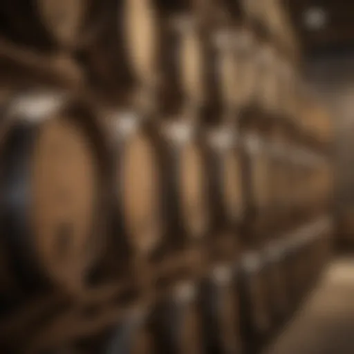 Close-up of whiskey barrels stacked in a distillery